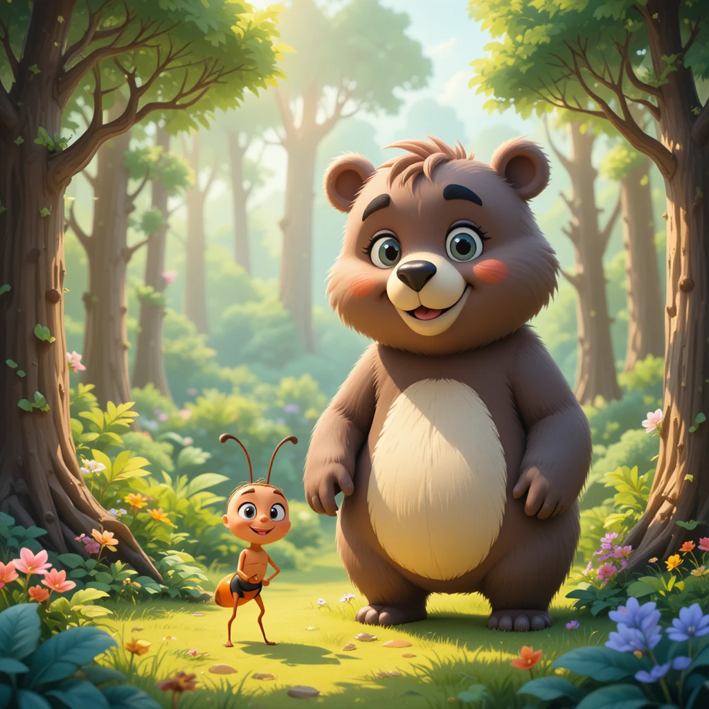 Cute cartoon bear and ant friends in a sunny forest