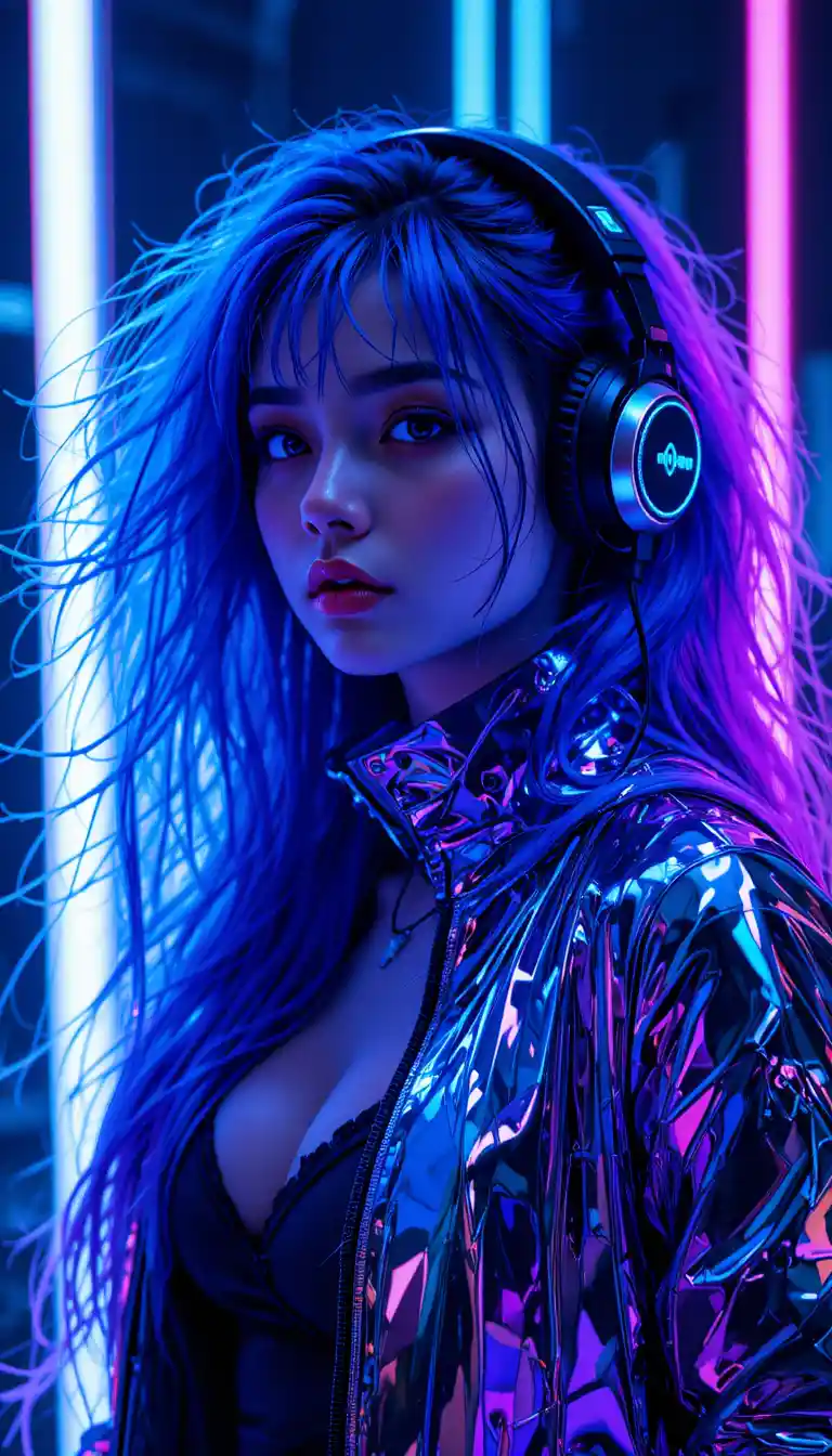賽博龐克霓虹光中的螢光頭髮耳機女子