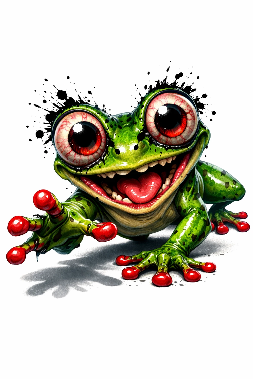 Grenouille cartoon aux yeux globuleux injectés de sang et au sourire maniaque