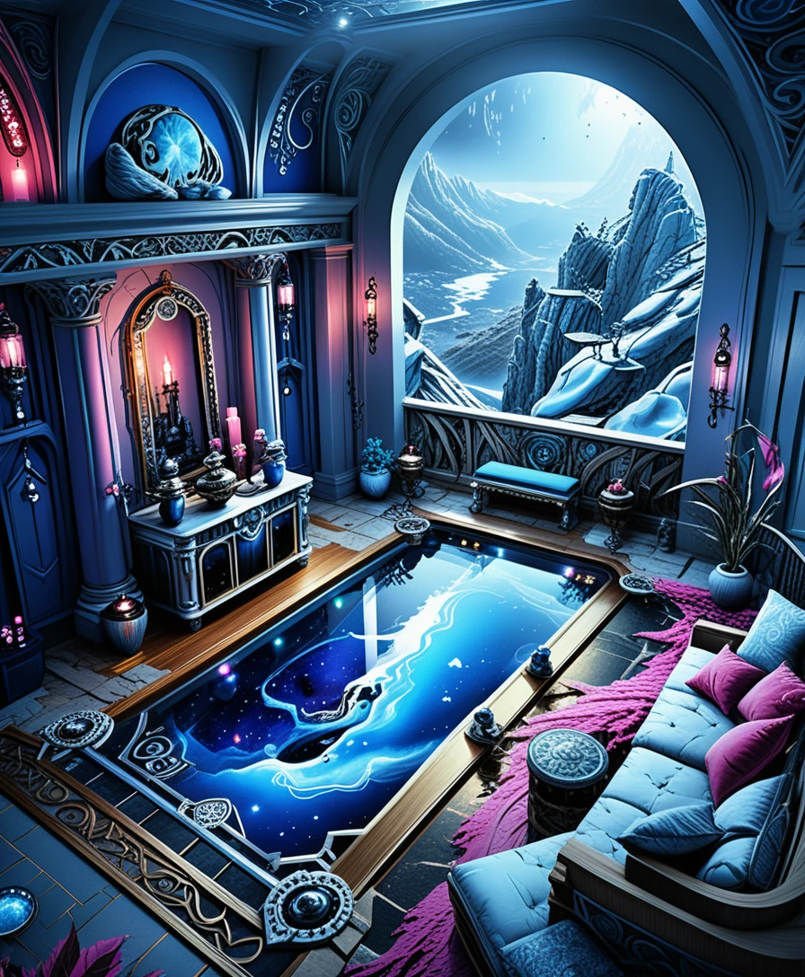 Intérieur Isométrique d’une Villa de Luxe en Pierre dans un Paysage de Montagne