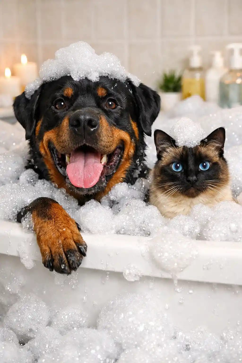 Rottweiler e gatto siamese che condividono un giocoso bagno di bolle