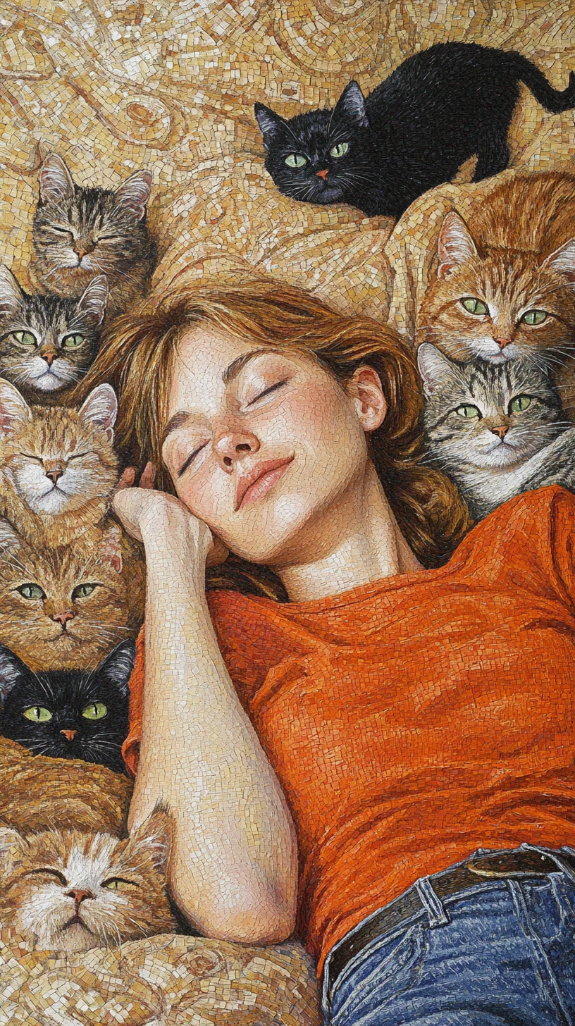 Woman relaxing on a bed with many colorful cats