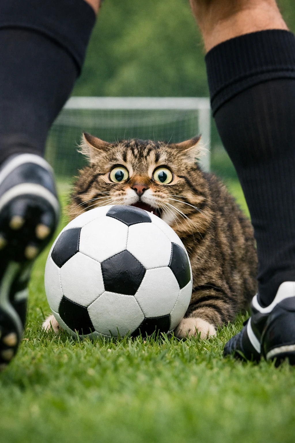 Verängstigte Cartoon-Katze, die sich hinter einem Fußball versteckt