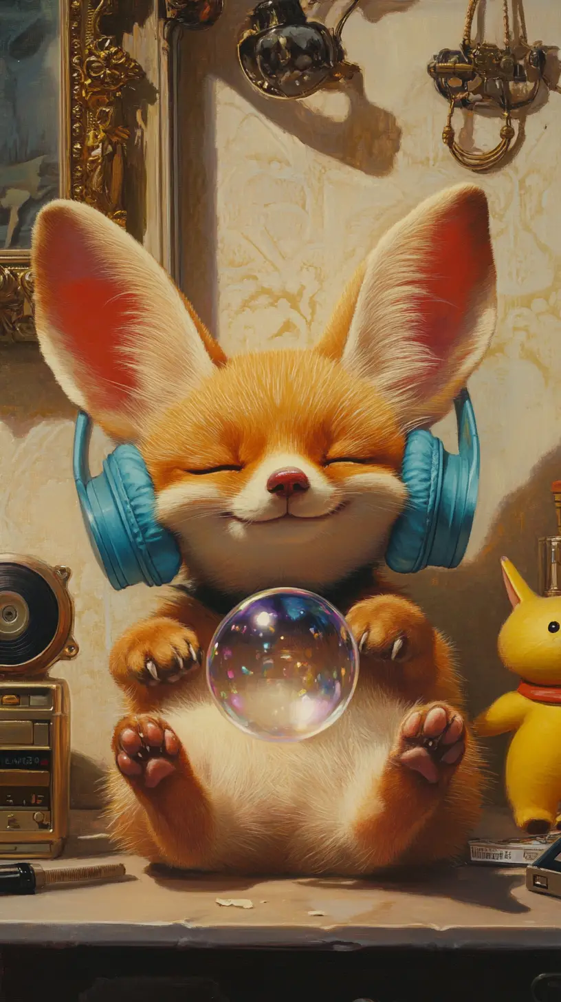 Joyful red fennec fox with headphones in a cozy bathroom