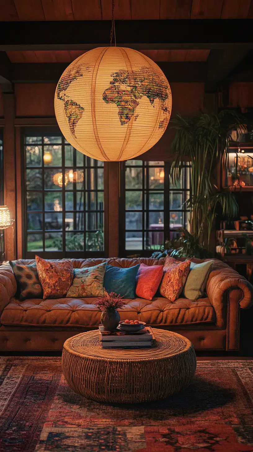 Accogliente soggiorno boho con divano in pelle e tavolino in rattan