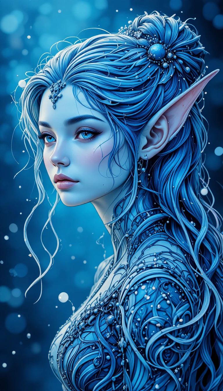 Graceful elf portrait with intricate hairstyle on blue background