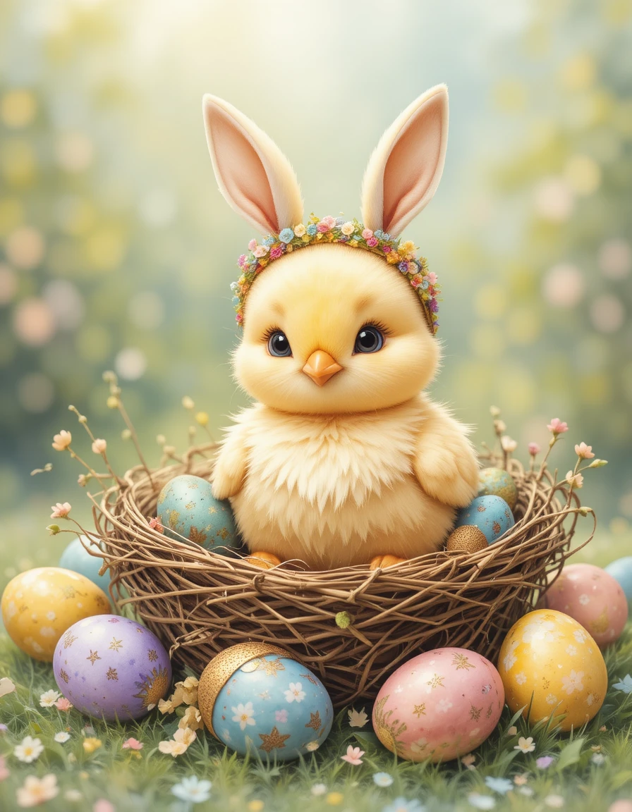 Cute chick with bunny ears in a colorful easter nest