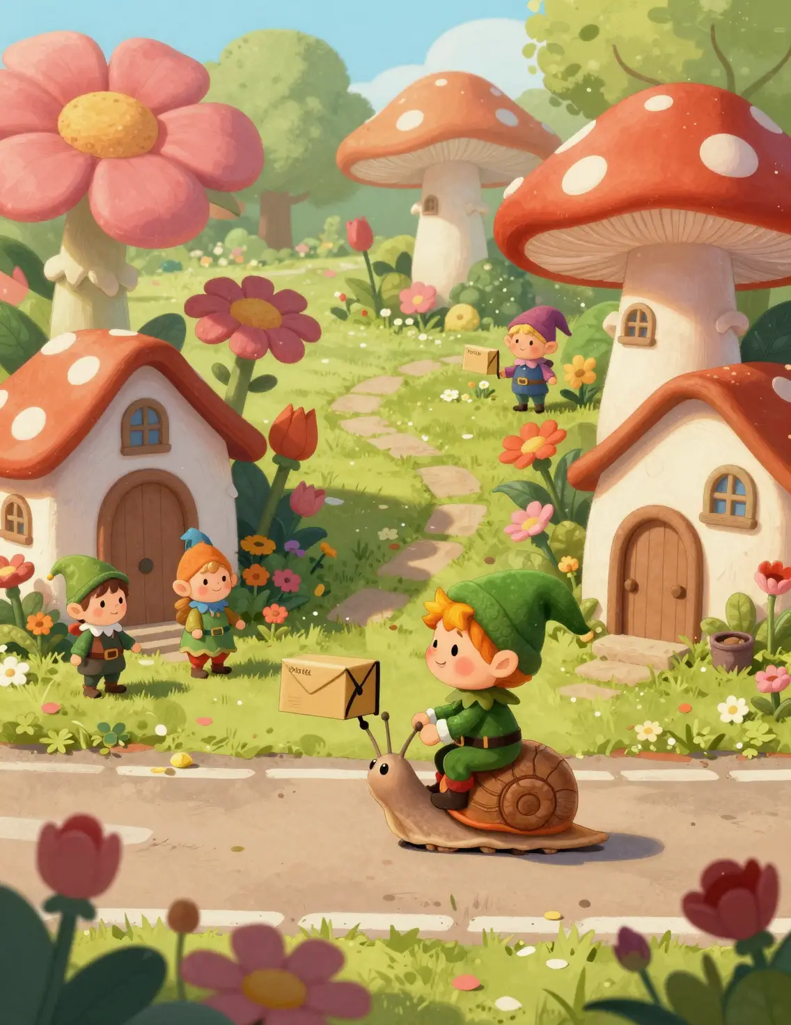 Adorable elfe chevauchant un escargot dans une rue de la ville fleurie