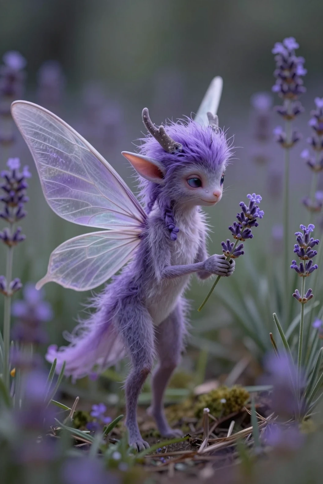 Mystical fairy portrait amid intricate fantasy lavender scenery