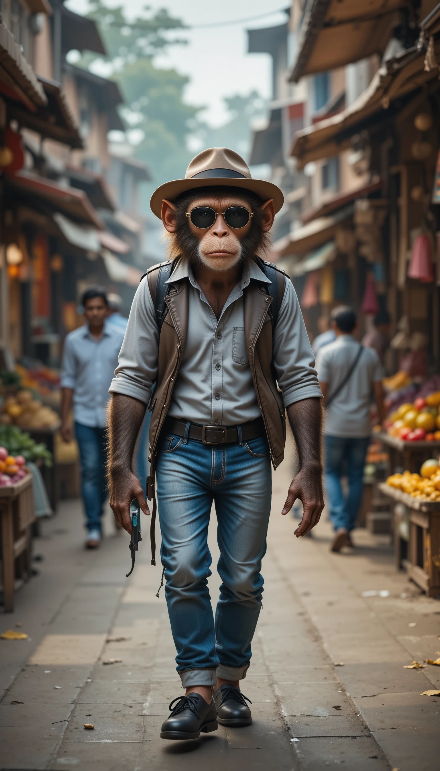 Anthropomorpher Affe, der durch einen belebten indischen Markt läuft