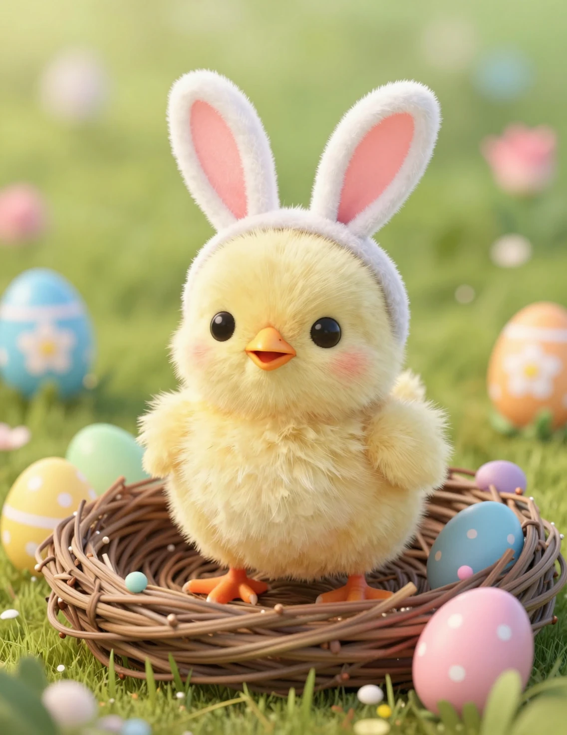 Cute Easter chick with bunny ears in colorful nest