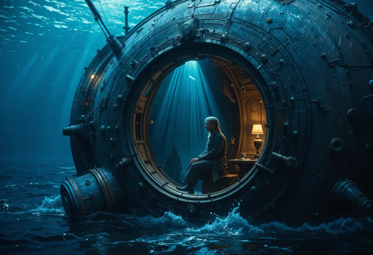 Leuchtendes Nautilus-U-Boot-Fenster in der ruhigen Tiefsee