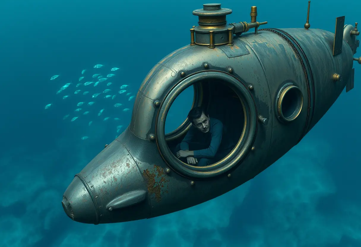 澄んだ青い海を静かに漂う古びた潜水艦