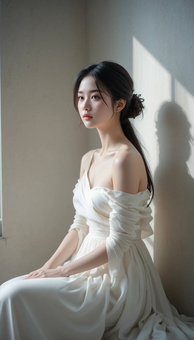 Young woman in white dress in soft side window light