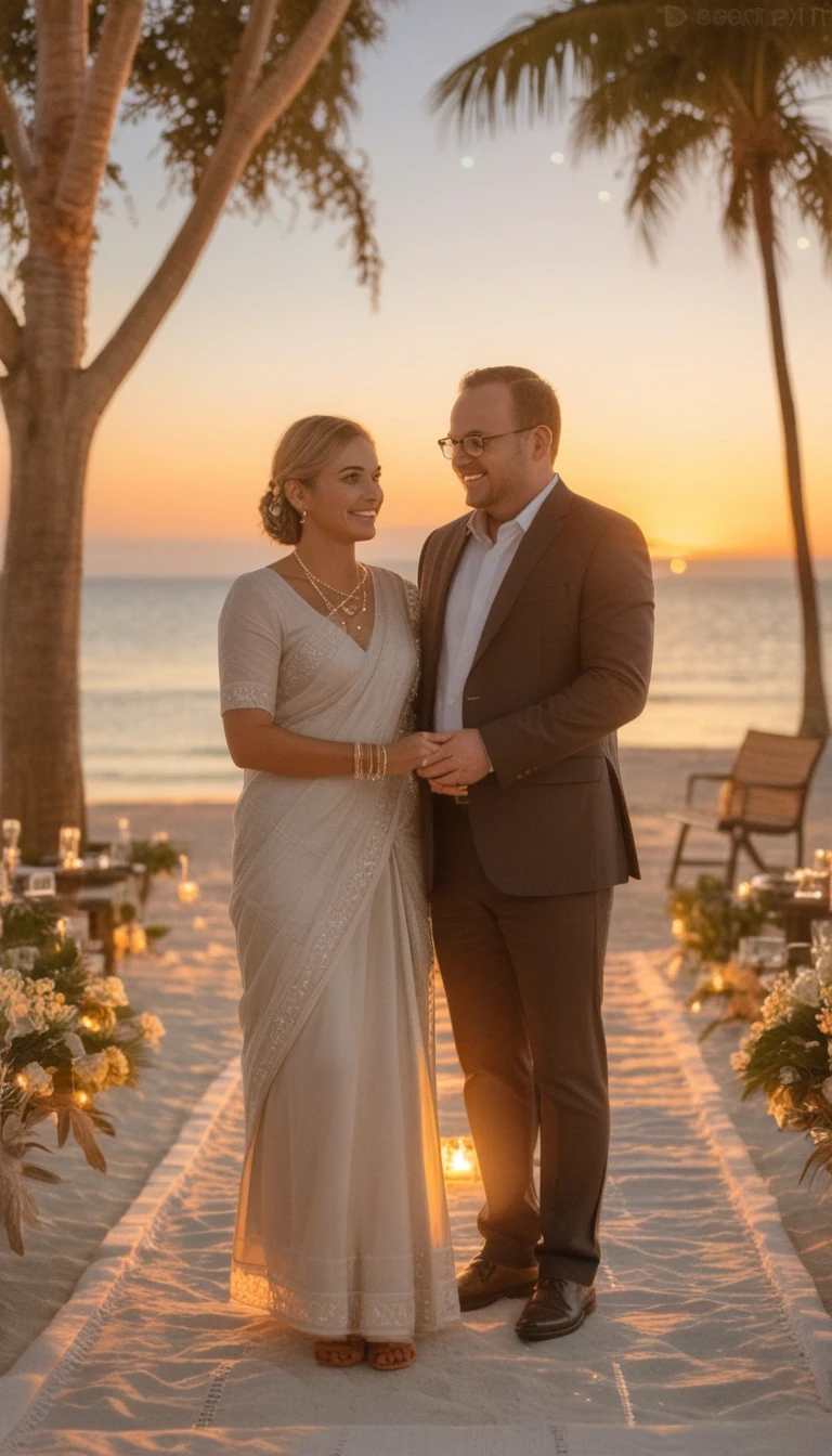 Romantisches Paar beim Abendessen am Strand bei Sonnenuntergang