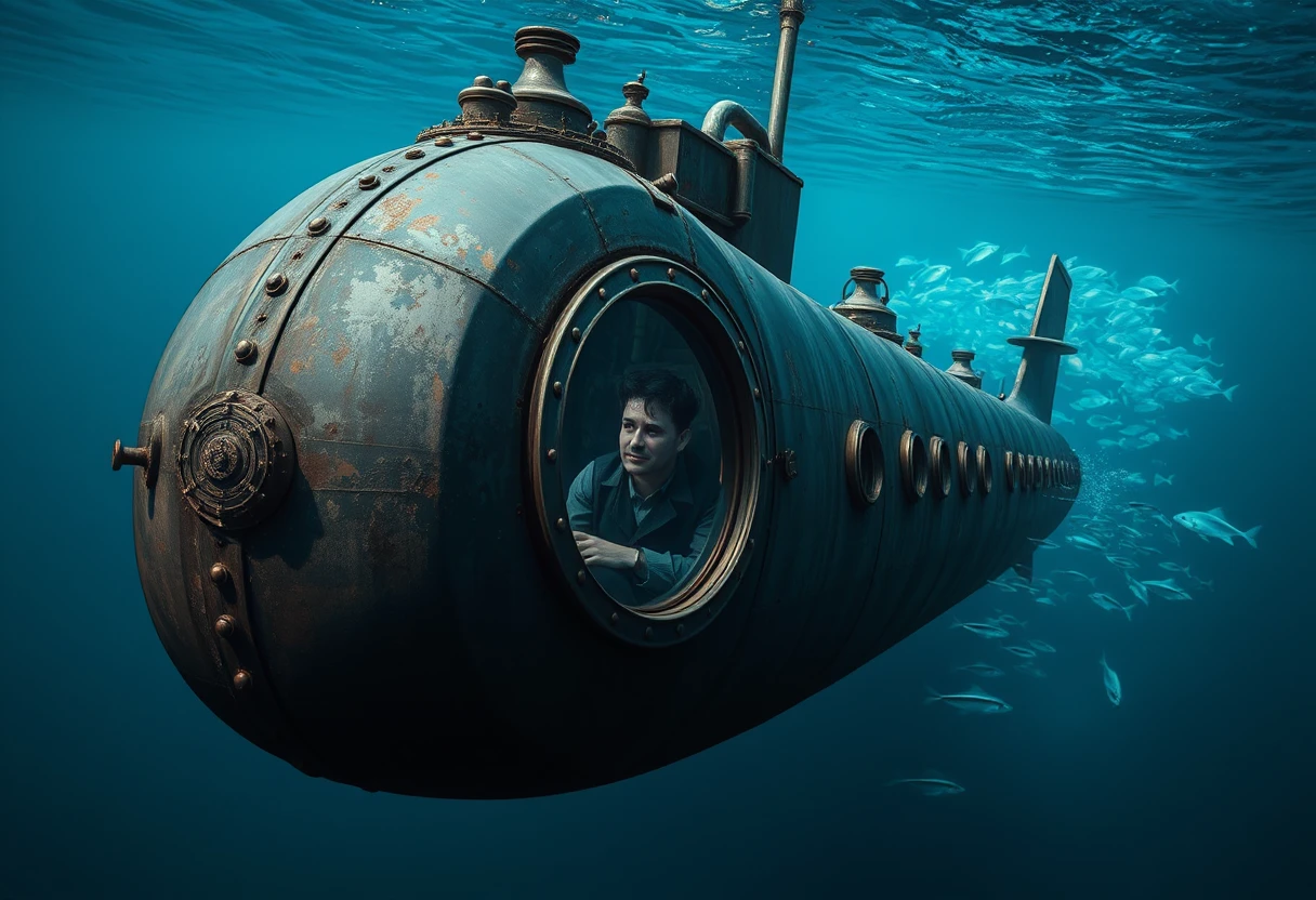 Vintage submarine drifting calmly in a clear blue ocean