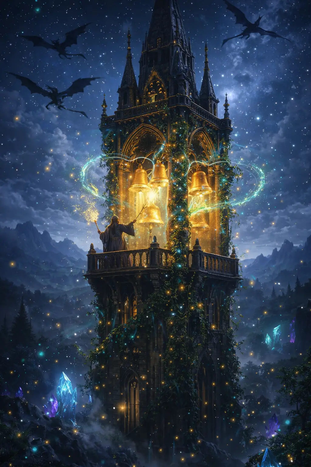 魔法に満ちた夜に包まれた荘厳な中世の鐘楼