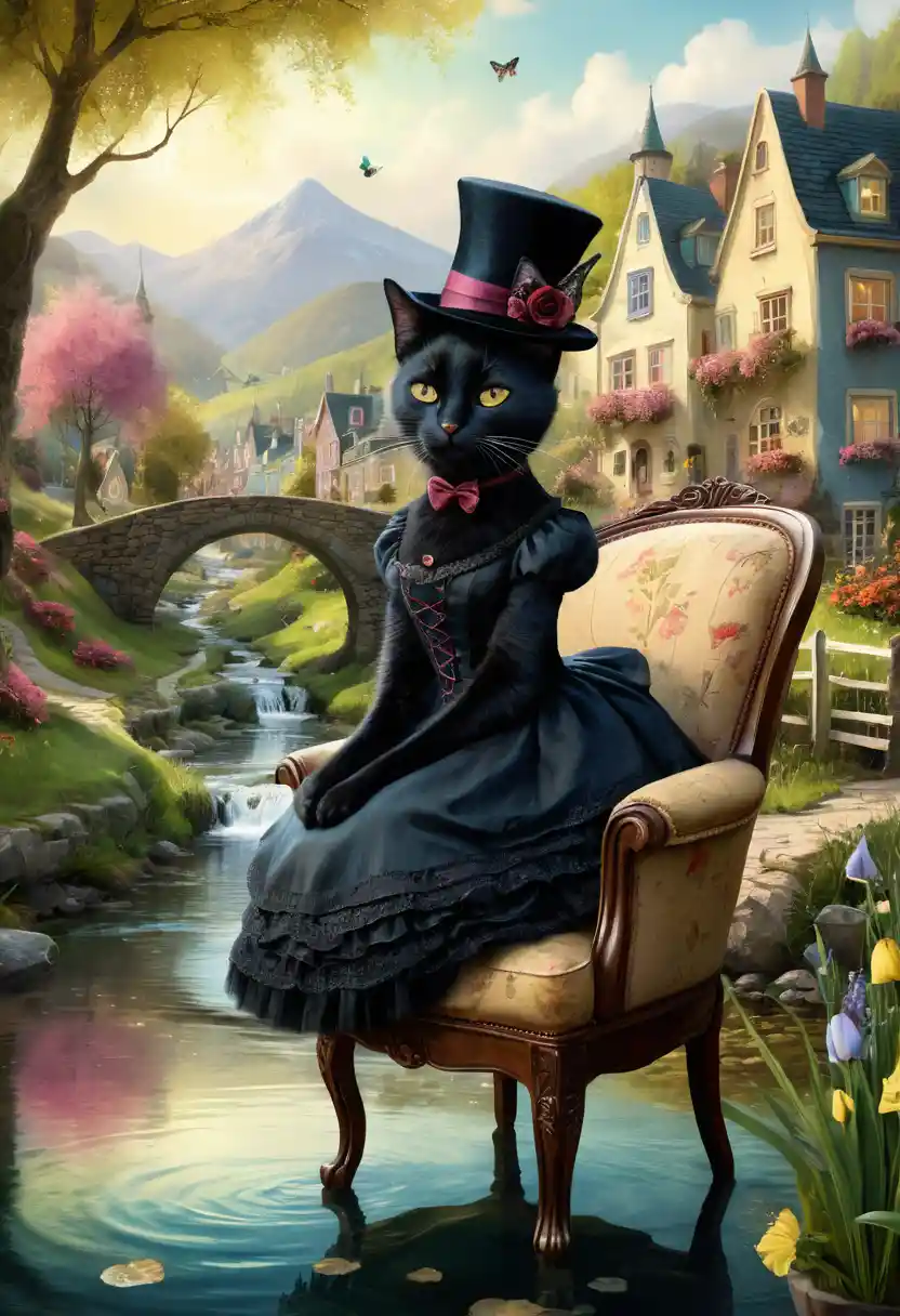 Elegante gatto nero antropomorfo in una cittadina vittoriana sul fiume