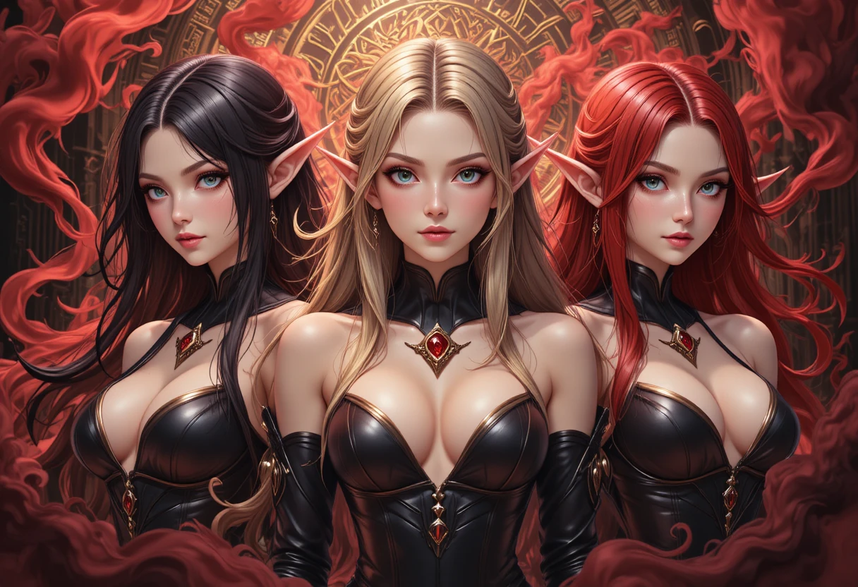 Tres elfas de anime entre remolinos de humo rojo y negro