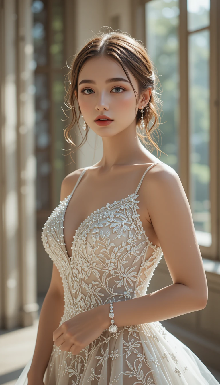 戶外身穿合身婚紗的開朗新娘