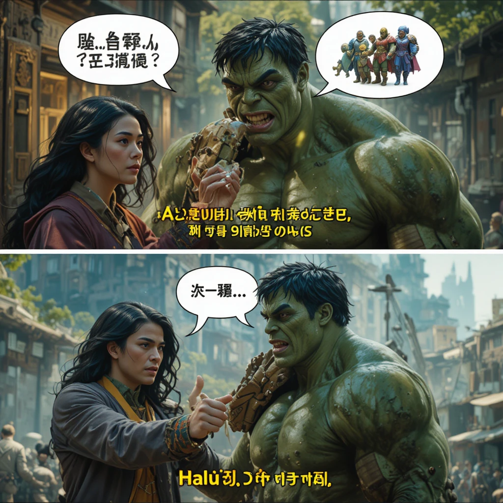 Sorellina in lacrime che chiede una bici accanto a un Hulk pensieroso