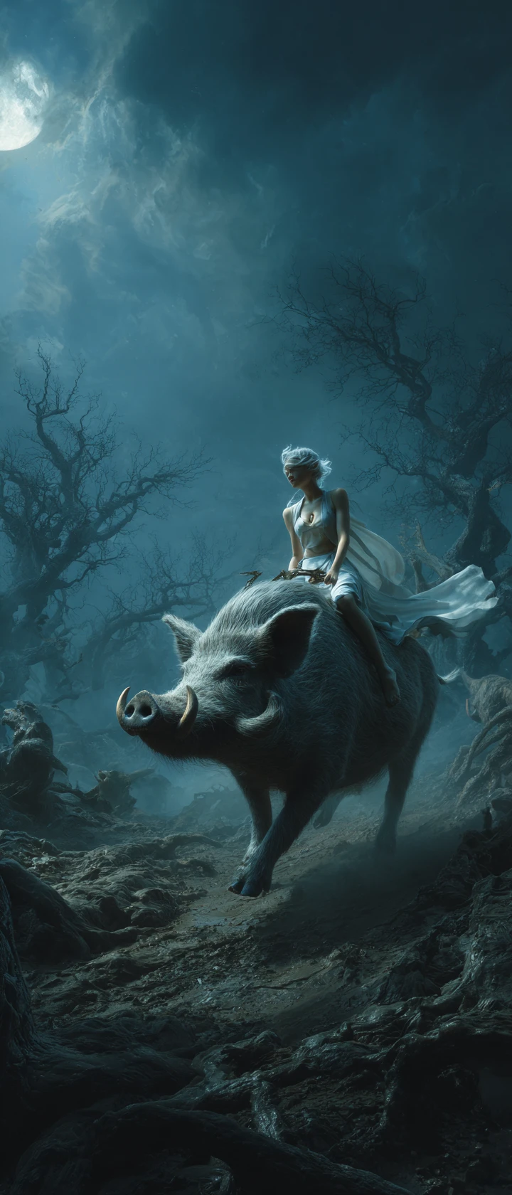 Fantasy woman riding a giant boar through dark wasteland