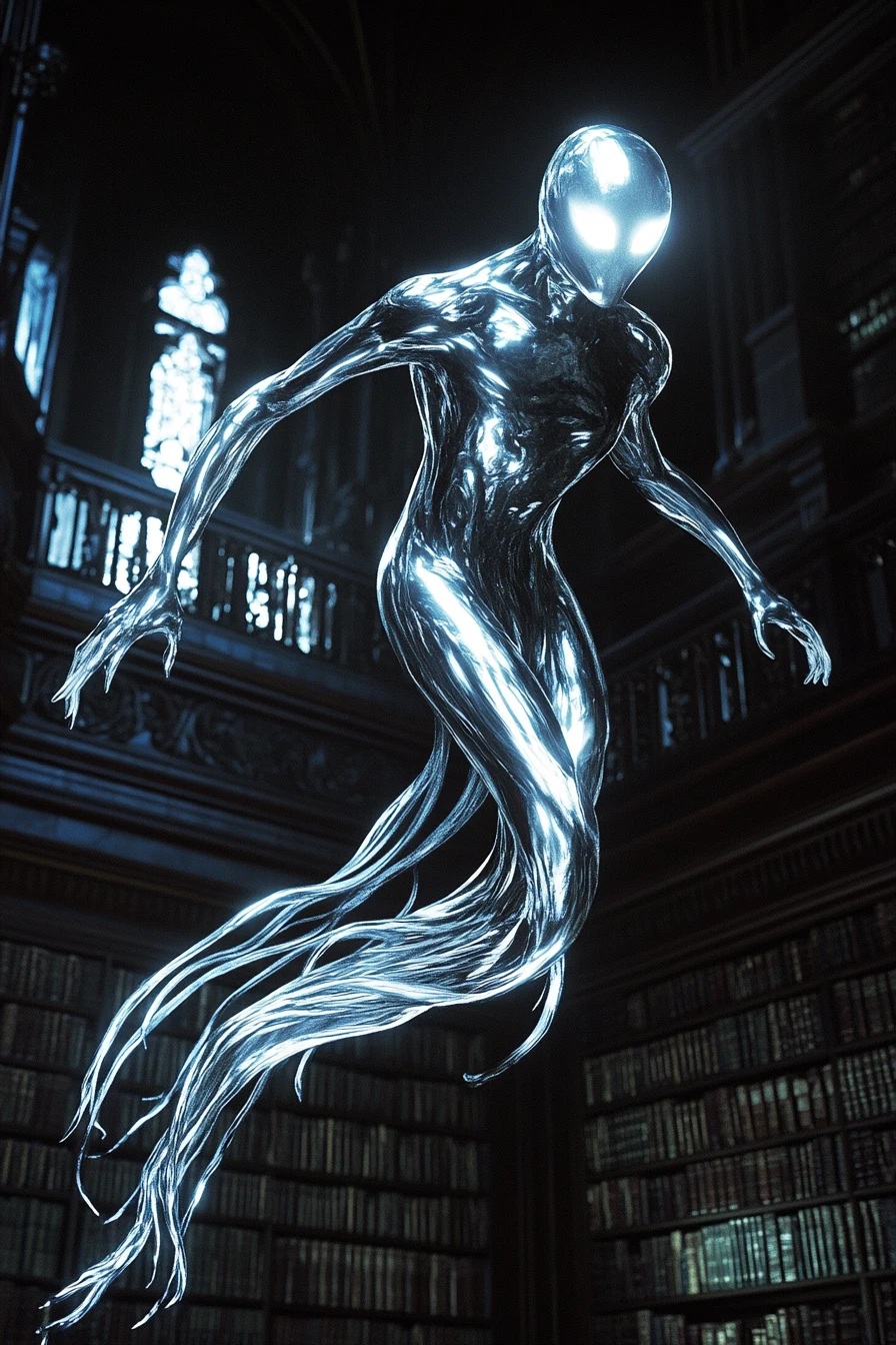 Spectre argenté glissant dans une ancienne bibliothèque la nuit