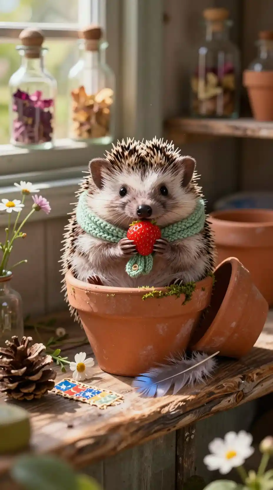 Tiny hedgehog in a terracotta pot with strawberry