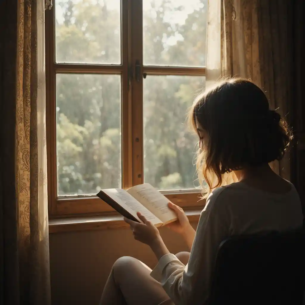 Ragazza seduta alla finestra che legge in silenzio con le mani visibili