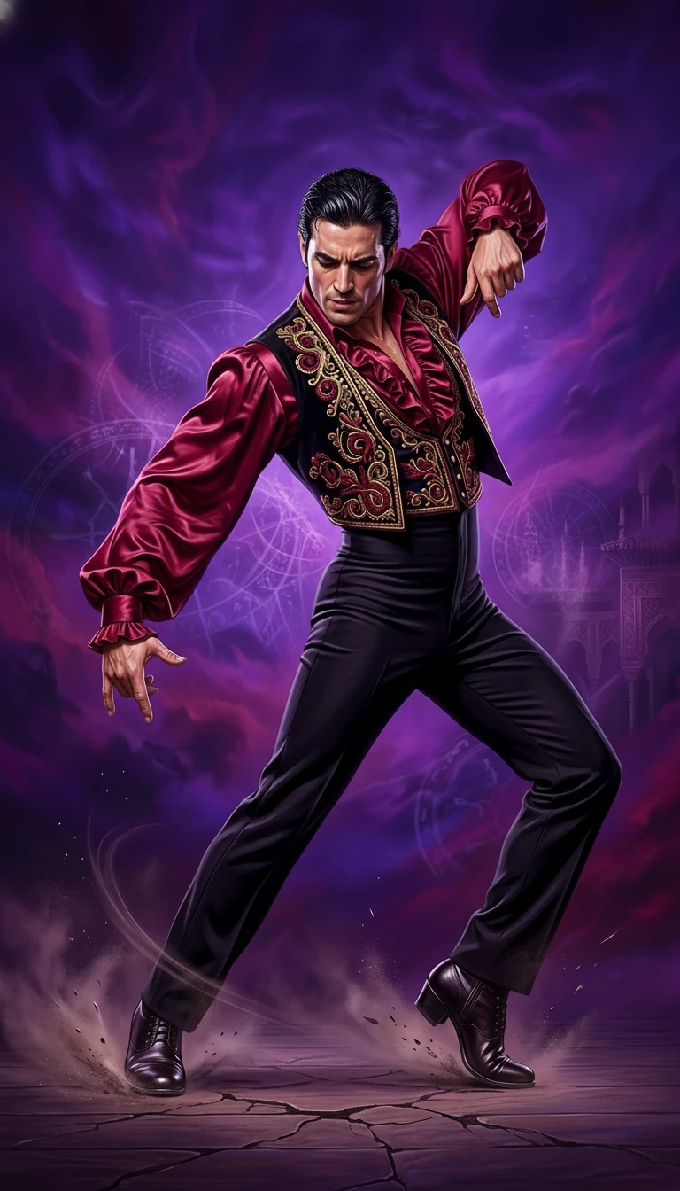 Männlicher Flamenco-Tänzer in Rot und Schwarz mit surreales violettem Leuchten