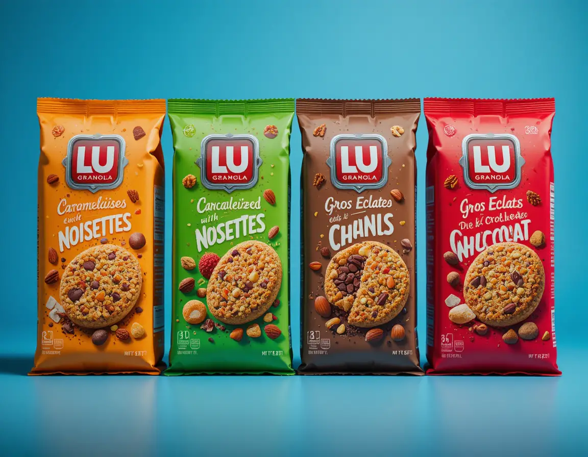 Colorful packs of chocolate granola cookies on blue background