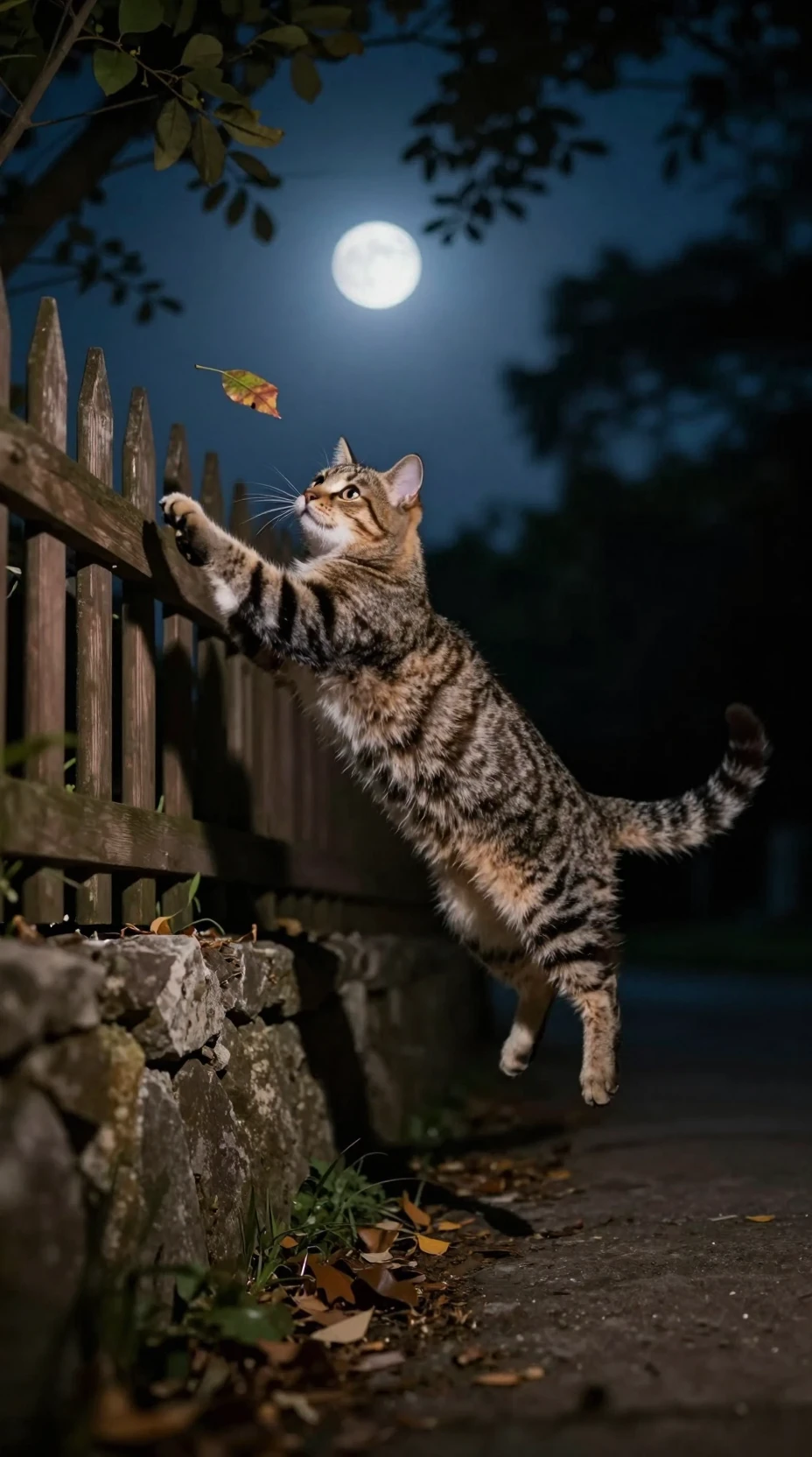 夜の柵と石壁の間を跳び移る遊び好きなトラ猫