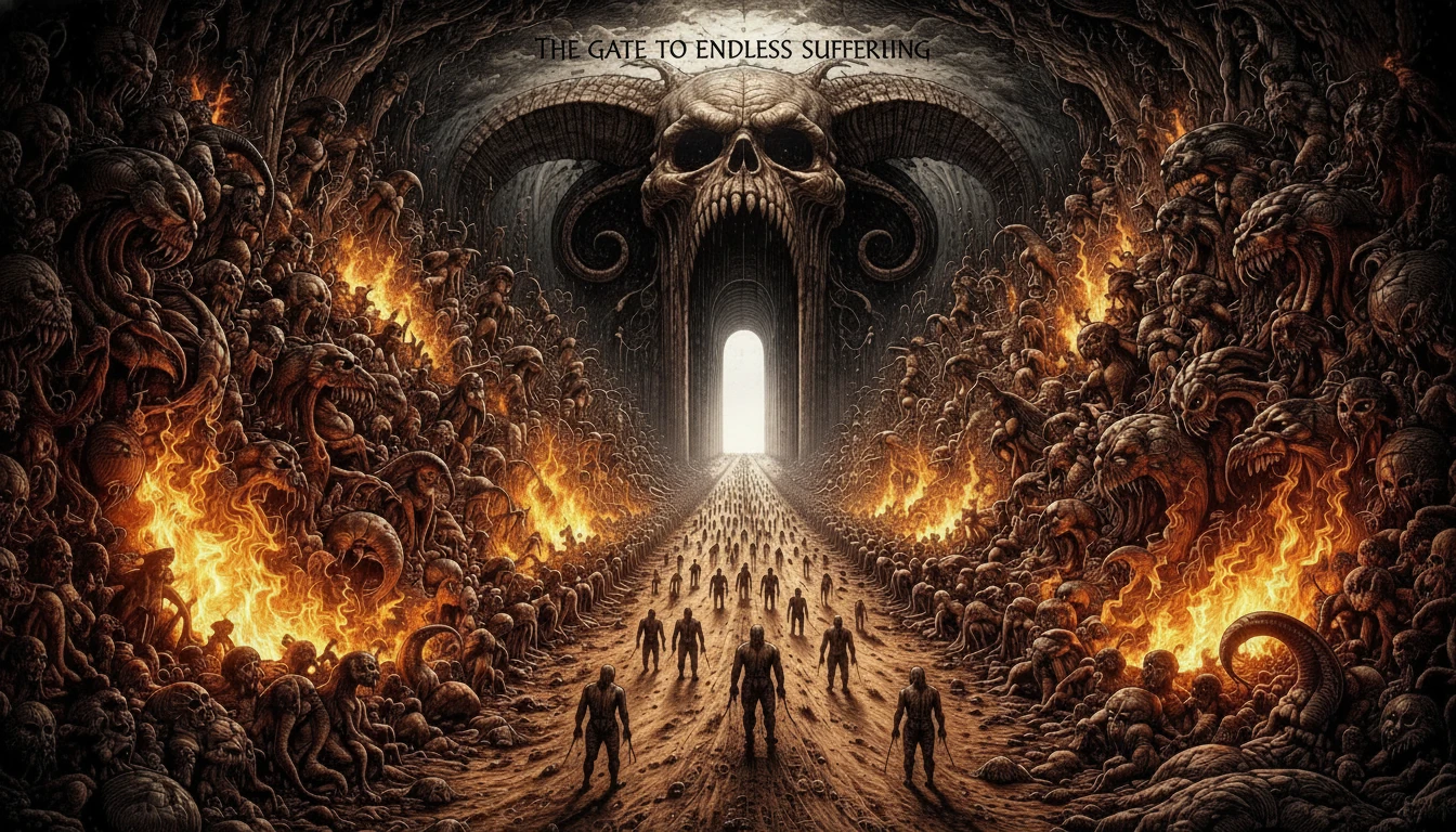 Surreal dirt road to a fiery gate of suffering