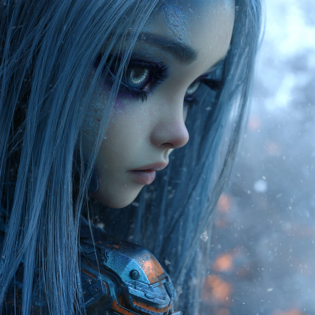 Melancholische Cyberpunk-Frau in nebliger postapokalyptischer Landschaft