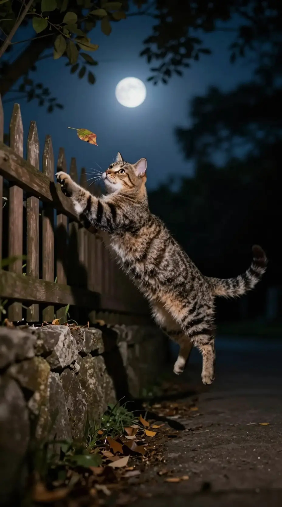 Playful tabby cat leaping between fence and stone wall at night