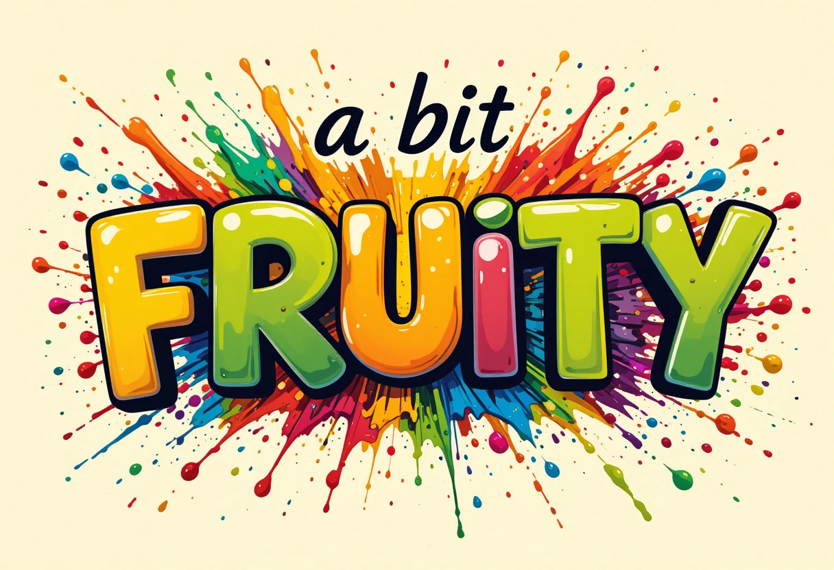 Tipografia colorida e frutada com respingos de tinta divertidos