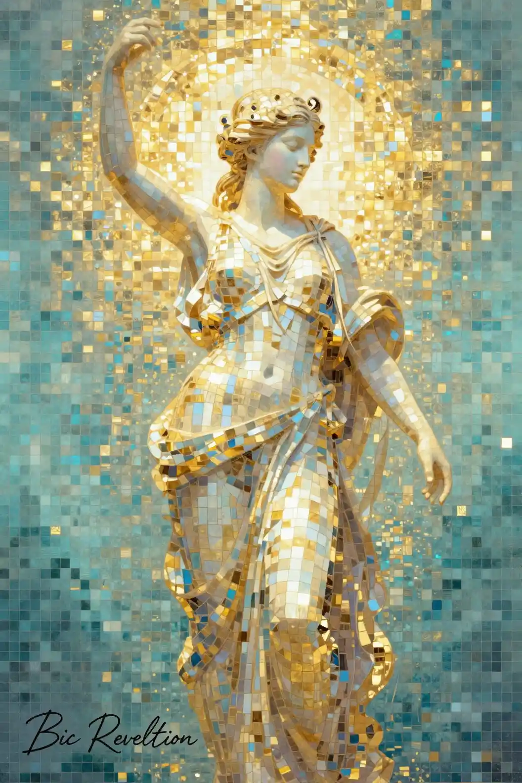 Retrato em mosaico digital de uma deusa serena surgindo da água