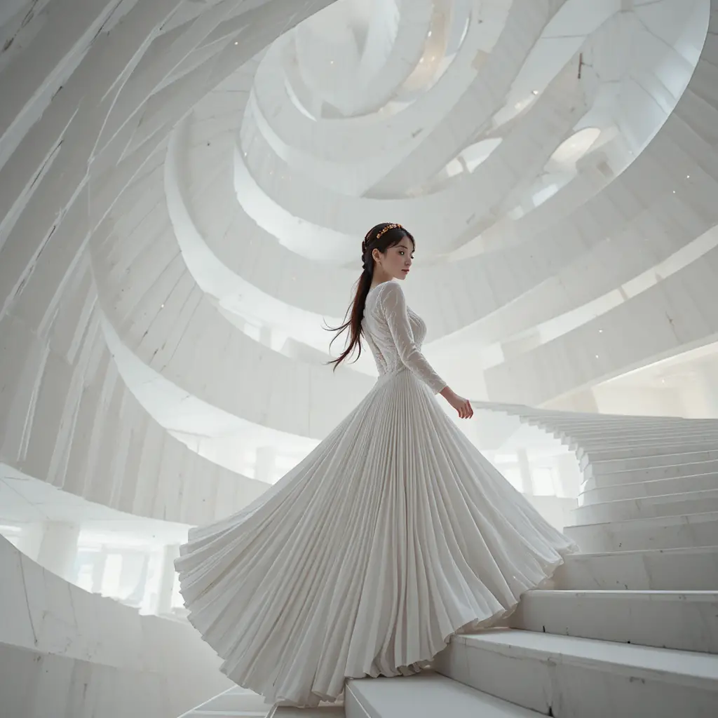 Young woman in sculptural white gown on spiral ramp