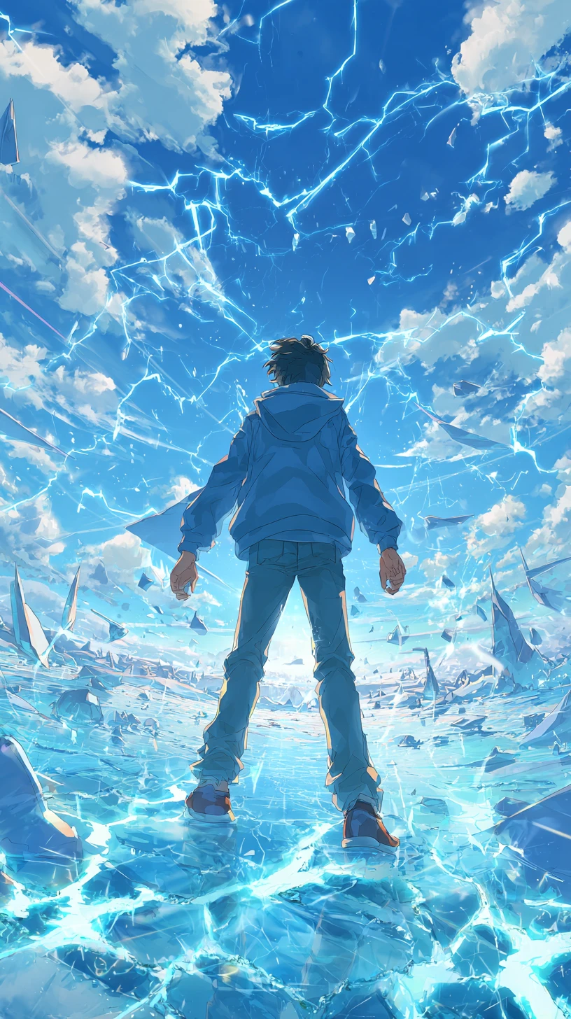 Man in blue stands over cracked ice under stormy blue sky
