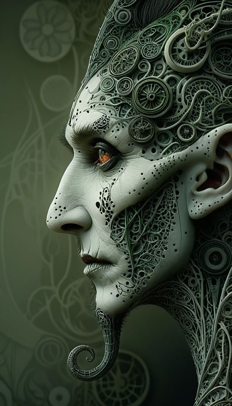 Retrato surreal biomecânico humanoide com rosto ricamente entalhado