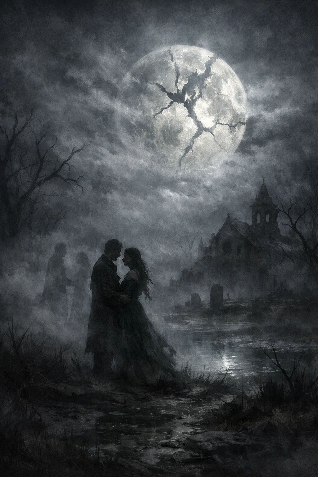 Lune pâle brillant doucement à travers une brume gris argenté