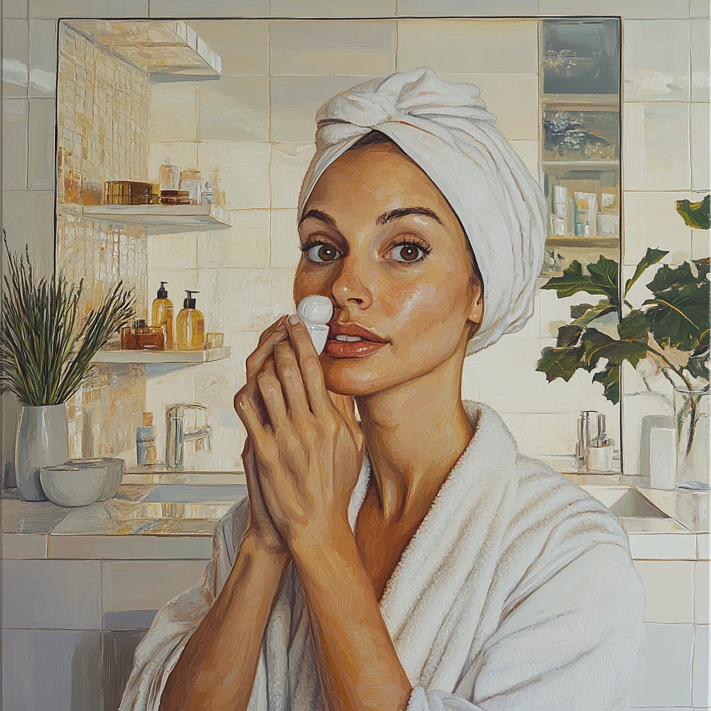 Woman applying face cream in a modern bathroom mirror
