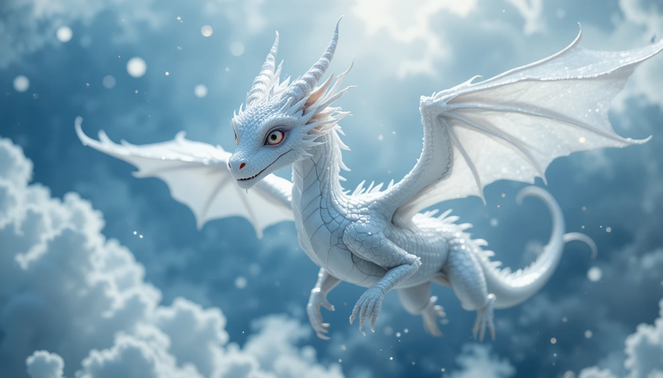 Dragão branco voando sobre um céu azul‑profundo cristalino
