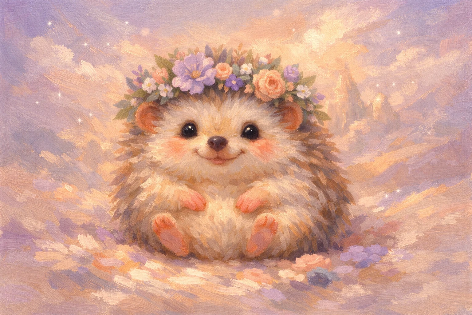 Ouriço fofo com coroa de flores em pintura acrílica em tons pastéis