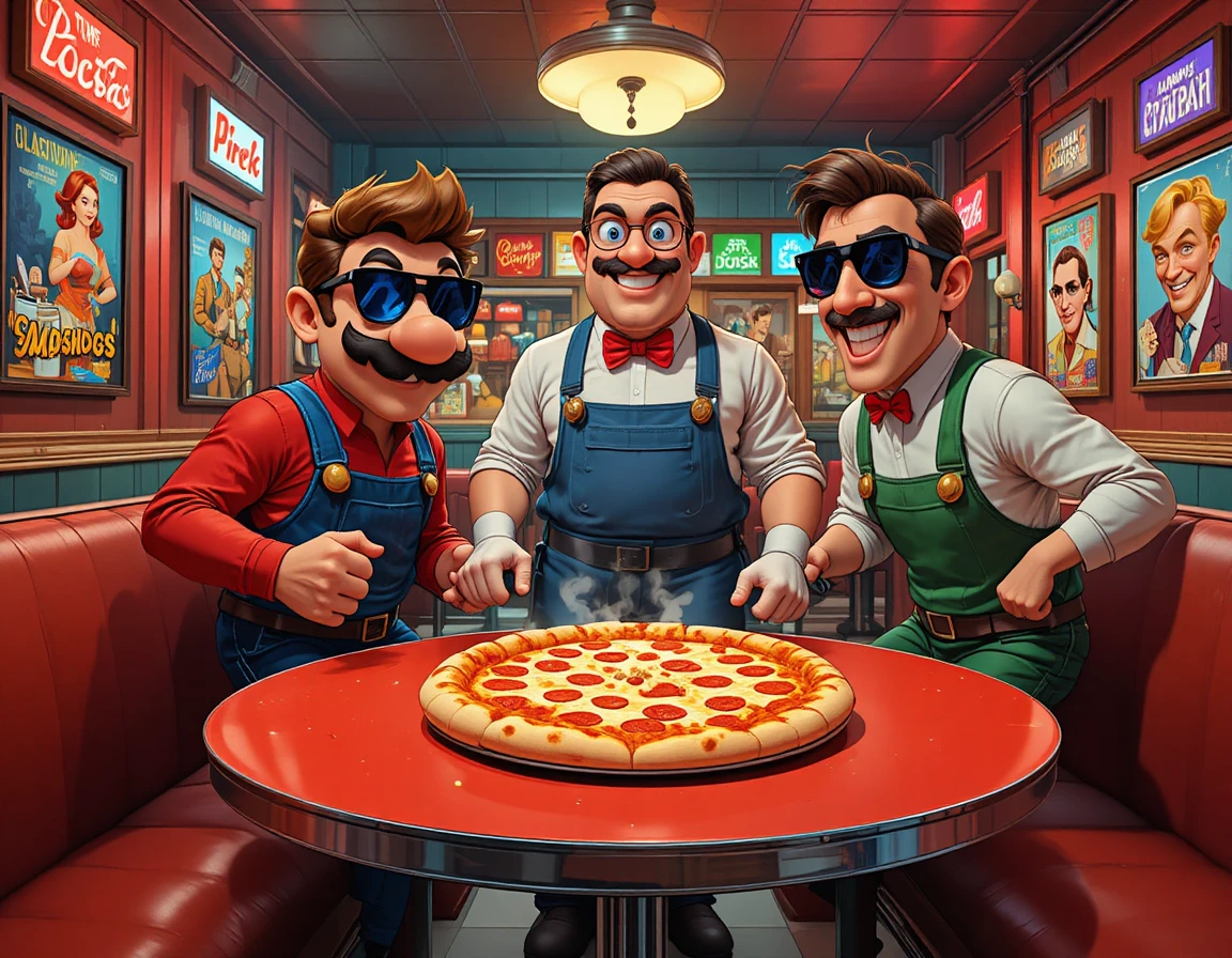 Retro diner trio dancing around steaming pepperoni pizza