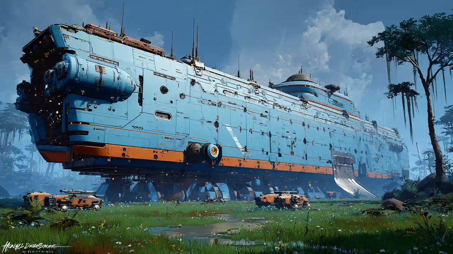 Massive futuristic cargo spaceship landed on alien grassland