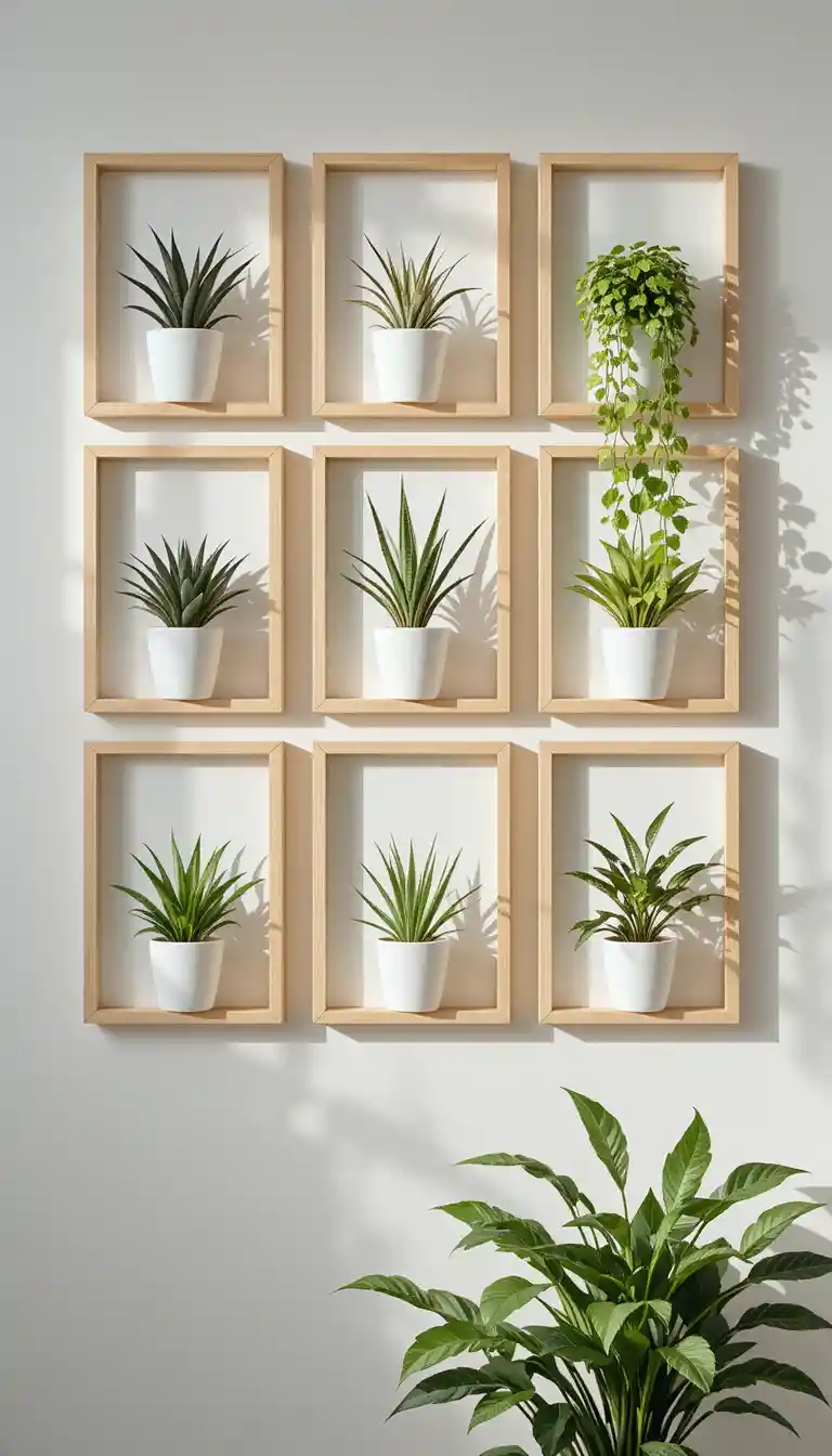 Scandinavian wall gallery of framed houseplants in natural light