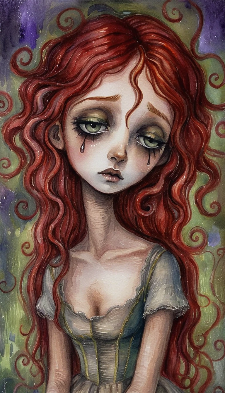 Retrato gótico andrógino com pele de porcelana pálida e lágrimas