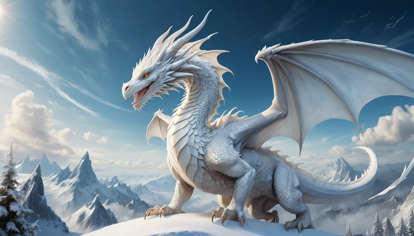 White dragon soaring in a deep blue crystal sky