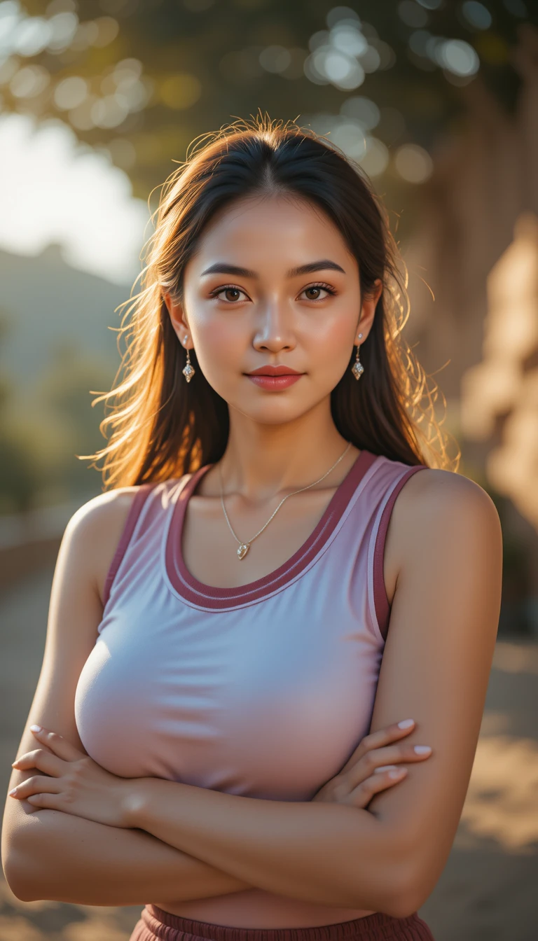 Confident woman in sporty varsity outfit by a tranquil pool